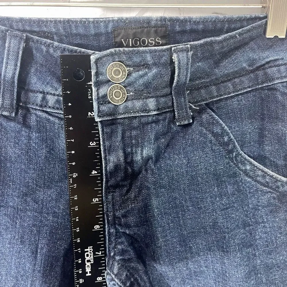 Vigoss Womens Mid Rise Wide Flare Dark Wash Denim Blue Jeans Trousers